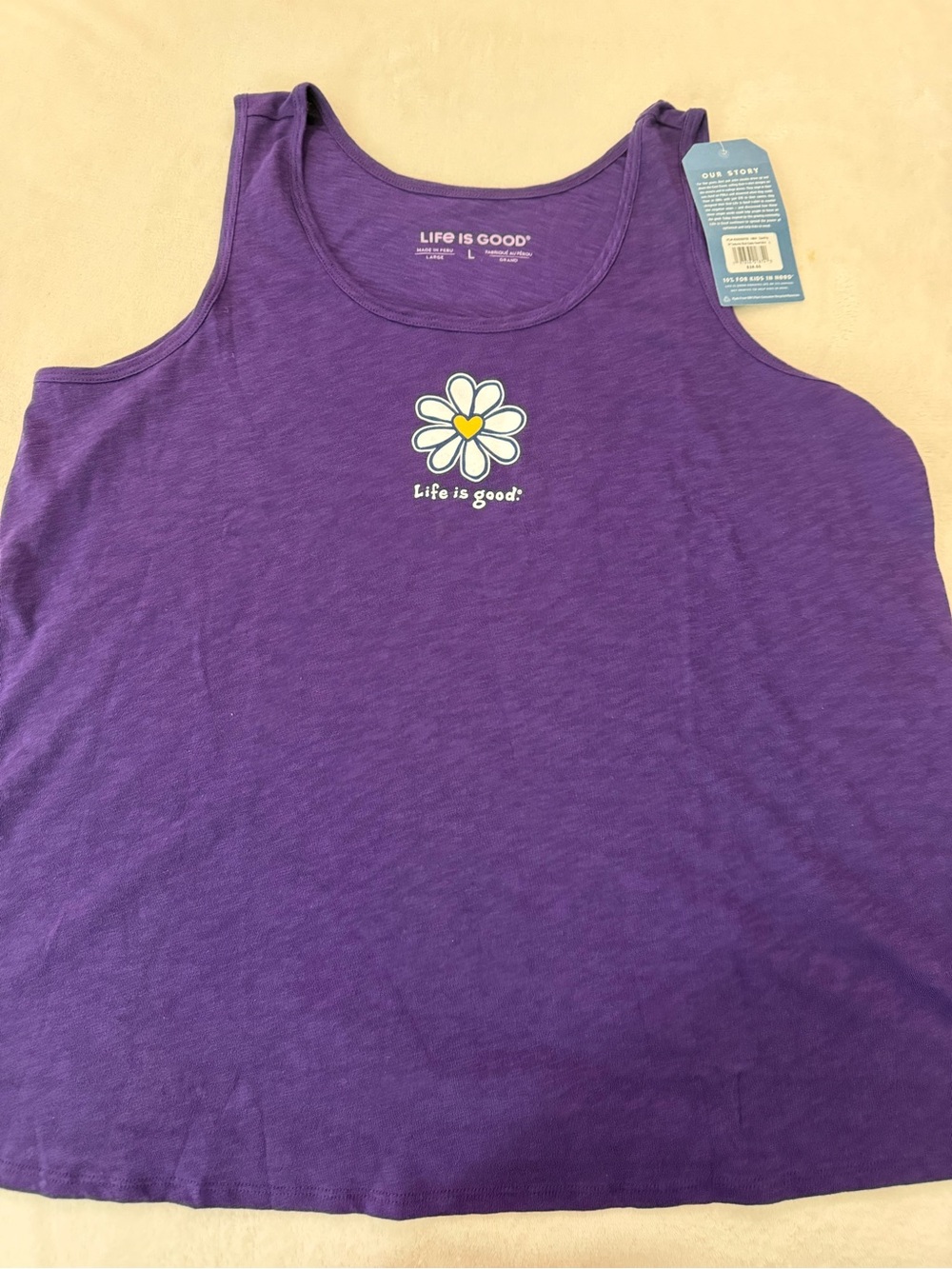 Life is Good Tank Top Women L Purple Daisy Graphic Cotton Slub Sleeveless D81